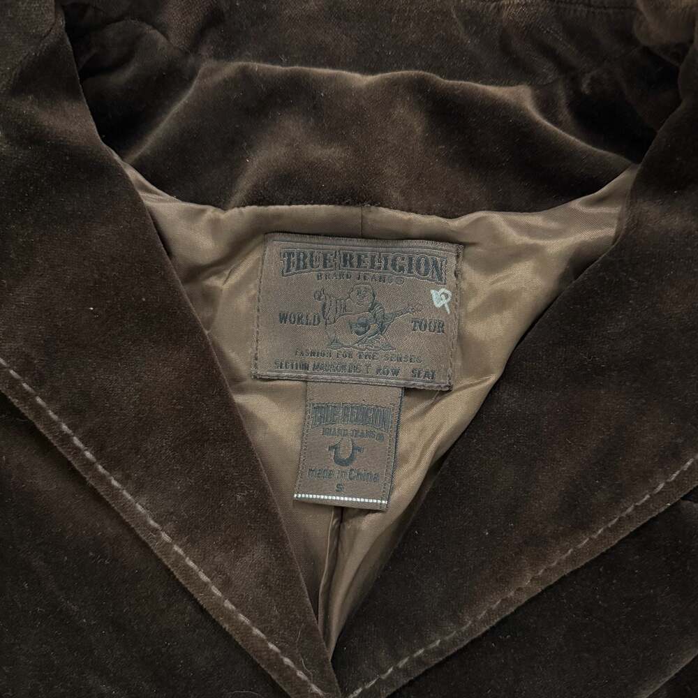 True Religion Brown Velvet Embroidered Blazer Jacket Floral Back Graphic Y2K - Picture 4 of 7